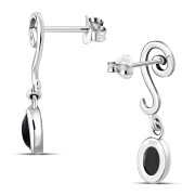 Swirling Ethnic Dangling Drop Stud Silver Earrings w/ Blaxk Onyx - e166